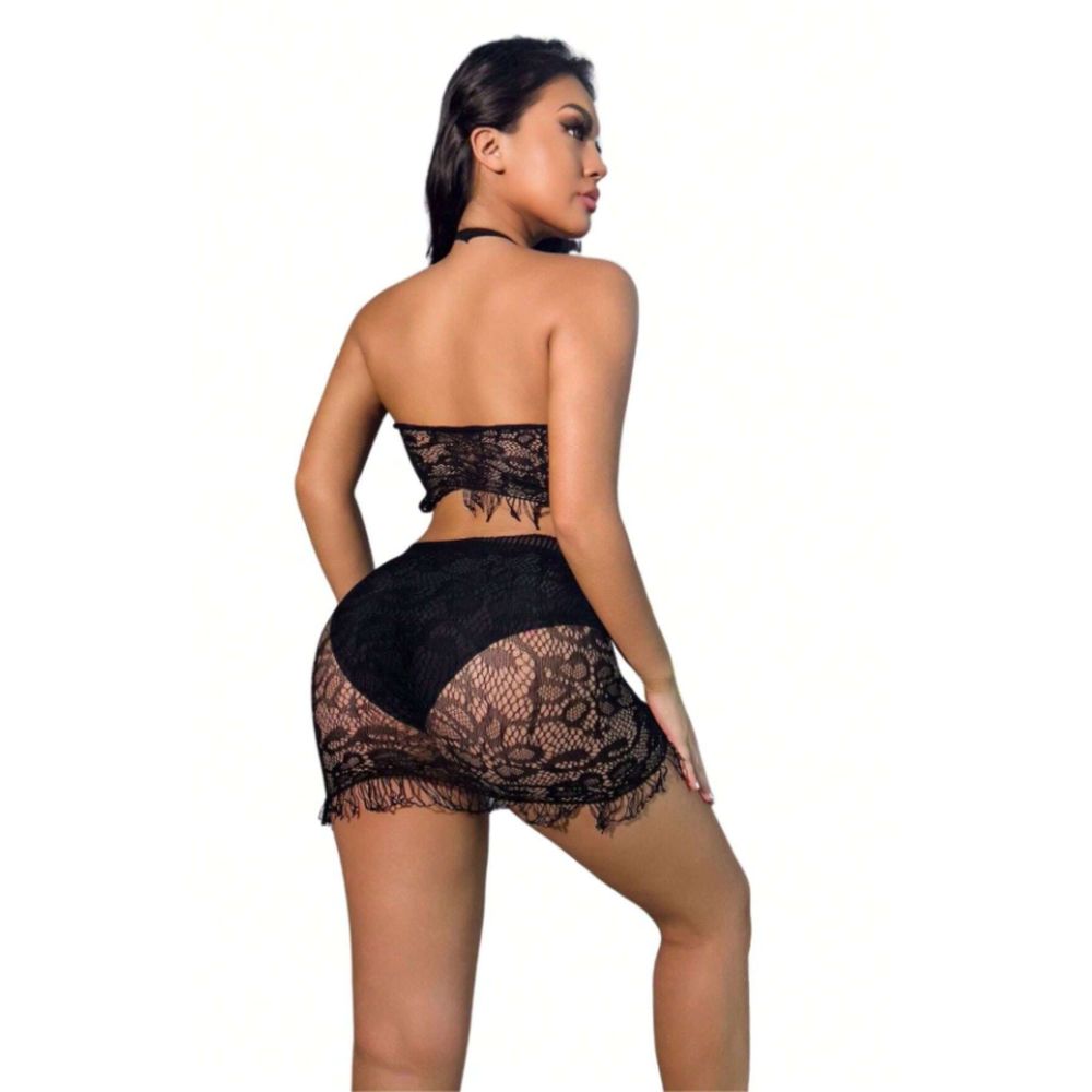 One Size Floral Lace Lingerie Set With Halter Top & Tassel Fishnet Skirt & Panty